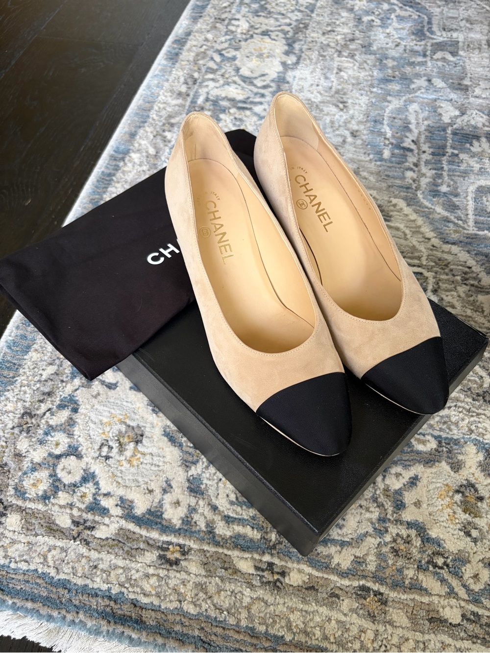 CHANEL Beige Suede Pumps with Black Cap Toe - Picture 8 of 11